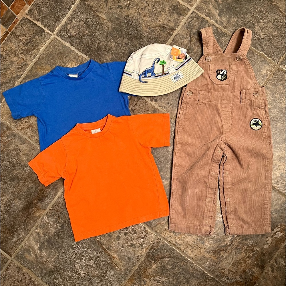 🦕 Lot of 4 Item- Dino Overalls, 2 tshirts, new hat VGUC. Toddler 2T